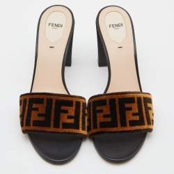 Pre Owned Fendi Brown Zucca Velvet Block Heel Slide Sandals Size 41.5