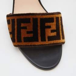 Pre Owned Fendi Brown Zucca Velvet Block Heel Slide Sandals Size 41.5