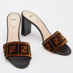 Pre Owned Fendi Brown Zucca Velvet Block Heel Slide Sandals Size 41.5