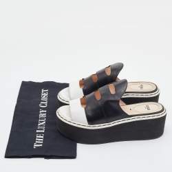 Fendi Black/White Leather Wedge Platform Slide Sandals Size 36