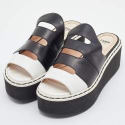 Fendi Black/White Leather Wedge Platform Slide Sandals Size 36