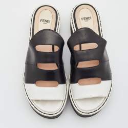Fendi Black/White Leather Wedge Platform Slide Sandals Size 36