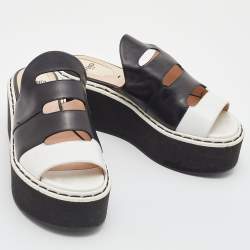 Fendi Black/White Leather Wedge Platform Slide Sandals Size 36