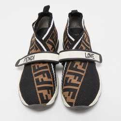 Pre Owned Fendi Black/Brown Zucca Knit Fabric Rockoko Low Top Sneakers Size 39