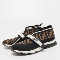 Pre Owned Fendi Black/Brown Zucca Knit Fabric Rockoko Low Top Sneakers Size 39