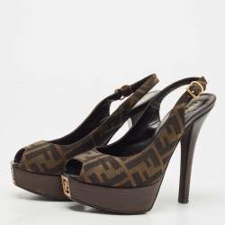 Pre Owned Fendi Tobacco Zucca Canvas FF Slingback Peep Toe  Pumps Size 37.5