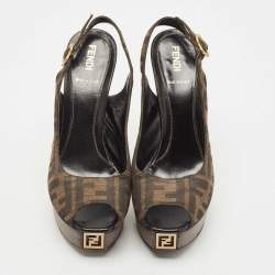 Pre Owned Fendi Tobacco Zucca Canvas FF Slingback Peep Toe  Pumps Size 37.5