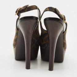 Pre Owned Fendi Tobacco Zucca Canvas FF Slingback Peep Toe  Pumps Size 37.5