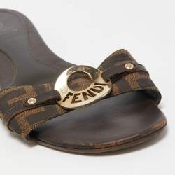 Pre Owned Fendi Brown Zucca Canvas Logo Buckle Flat Slides Size 41