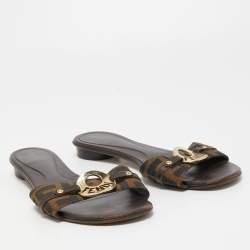 Pre Owned Fendi Brown Zucca Canvas Logo Buckle Flat Slides Size 41
