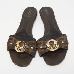 Pre Owned Fendi Brown Zucca Canvas Logo Buckle Flat Slides Size 41