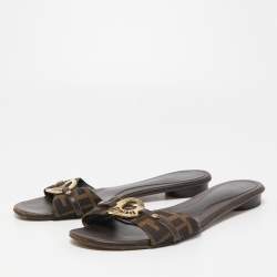 Pre Owned Fendi Brown Zucca Canvas Logo Buckle Flat Slides Size 41