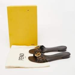 Pre Owned Fendi Brown Zucca Canvas Logo Buckle Flat Slides Size 41
