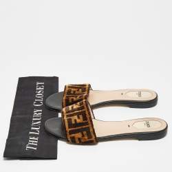 Pre Owned Fendi Black/Brown Zucca Velvet Slide Flats Size 37