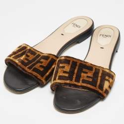 Pre Owned Fendi Black/Brown Zucca Velvet Slide Flats Size 37