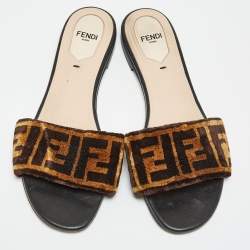 Pre Owned Fendi Black/Brown Zucca Velvet Slide Flats Size 37