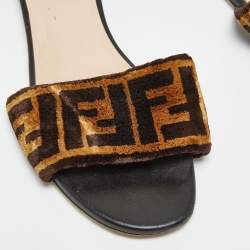 Pre Owned Fendi Black/Brown Zucca Velvet Slide Flats Size 37