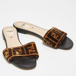 Pre Owned Fendi Black/Brown Zucca Velvet Slide Flats Size 37