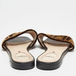 Pre Owned Fendi Black/Brown Zucca Velvet Slide Flats Size 37