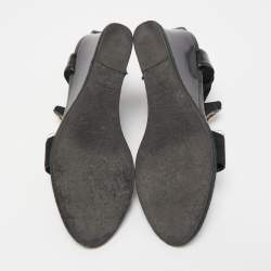 Pre Owned Fendi Black Patent Leather and Elastic T-Strap Espadrille Wedge Sandals Size 36