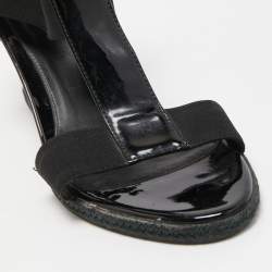 Pre Owned Fendi Black Patent Leather and Elastic T-Strap Espadrille Wedge Sandals Size 36