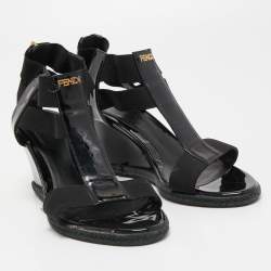 Pre Owned Fendi Black Patent Leather and Elastic T-Strap Espadrille Wedge Sandals Size 36