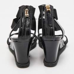 Pre Owned Fendi Black Patent Leather and Elastic T-Strap Espadrille Wedge Sandals Size 36