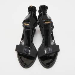 Pre Owned Fendi Black Patent Leather and Elastic T-Strap Espadrille Wedge Sandals Size 36