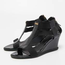Pre Owned Fendi Black Patent Leather and Elastic T-Strap Espadrille Wedge Sandals Size 36