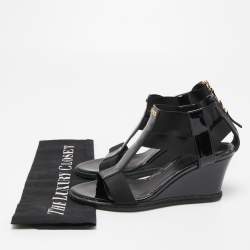Pre Owned Fendi Black Patent Leather and Elastic T-Strap Espadrille Wedge Sandals Size 36