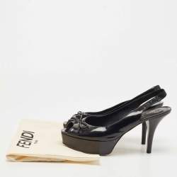 مملوكة مسبقًا Fendi Black Leather Bow  Peep Toe  Platform Slingback  Pumps Size 41