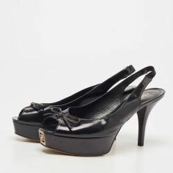 مملوكة مسبقًا Fendi Black Leather Bow  Peep Toe  Platform Slingback  Pumps Size 41