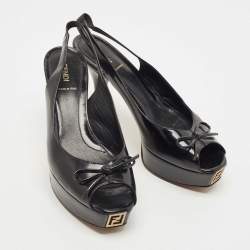 مملوكة مسبقًا Fendi Black Leather Bow  Peep Toe  Platform Slingback  Pumps Size 41
