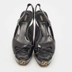 مملوكة مسبقًا Fendi Black Leather Bow  Peep Toe  Platform Slingback  Pumps Size 41