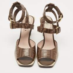 Pre Owned Fendi Brown Zucca Coated Canvas and Leather Motif Logo Ankle Strap Sandals Size 38