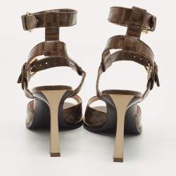 Pre Owned Fendi Brown Zucca Coated Canvas and Leather Motif Logo Ankle Strap Sandals Size 38