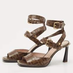 Pre Owned Fendi Brown Zucca Coated Canvas and Leather Motif Logo Ankle Strap Sandals Size 38