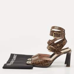 Pre Owned Fendi Brown Zucca Coated Canvas and Leather Motif Logo Ankle Strap Sandals Size 38