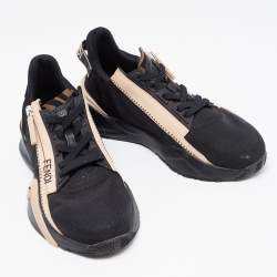 Pre Owned Fendi Black/Peach Suede and Nylon Flow Sneakers Size 37