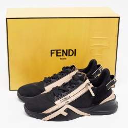 Pre Owned Fendi Black/Peach Suede and Nylon Flow Sneakers Size 37