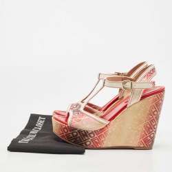 Pre Owned Fendi Tricolor Leather and Logo Print Ombre Canvas T-Strap Wedge Sandals Size 38