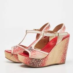 Pre Owned Fendi Tricolor Leather and Logo Print Ombre Canvas T-Strap Wedge Sandals Size 38