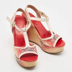 Pre Owned Fendi Tricolor Leather and Logo Print Ombre Canvas T-Strap Wedge Sandals Size 38