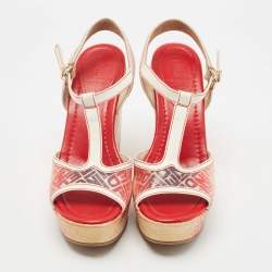 Pre Owned Fendi Tricolor Leather and Logo Print Ombre Canvas T-Strap Wedge Sandals Size 38