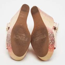 Pre Owned Fendi Tricolor Leather and Logo Print Ombre Canvas T-Strap Wedge Sandals Size 38