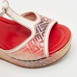 Pre Owned Fendi Tricolor Leather and Logo Print Ombre Canvas T-Strap Wedge Sandals Size 38