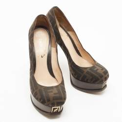 Pre Owned Fendi Brown Zucca Canvas Fendista Platform Pumps Size 37.5