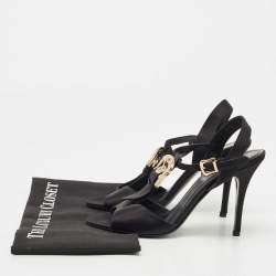 Pre Owned Fendi Black Satin Crystal Embellished Buckle T-Strap Sandals Size 39
