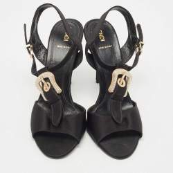 Pre Owned Fendi Black Satin Crystal Embellished Buckle T-Strap Sandals Size 39