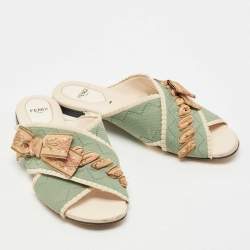 Pre Owned Fendi Beige/Green Fabric Crisscross Bow Flat Slides Size 38
